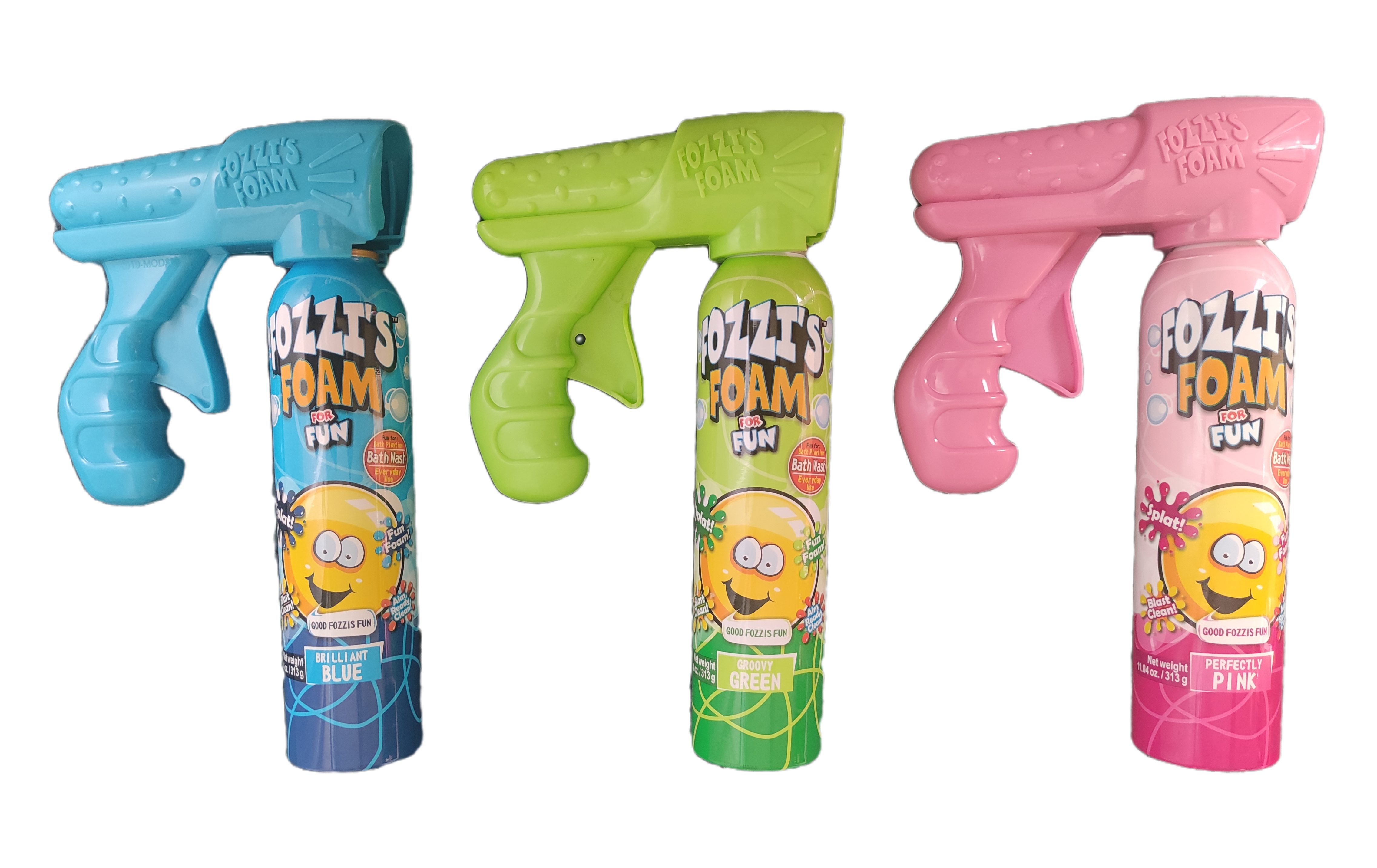 Fozzi's Foam Blaster set featuring three colorful foam cans and blasters for kids, designed to make bath time fun.