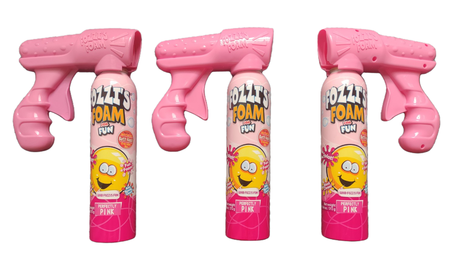 Fozzi's Foam Blaster set featuring three colorful foam cans and blasters for kids, designed to make bath time fun.