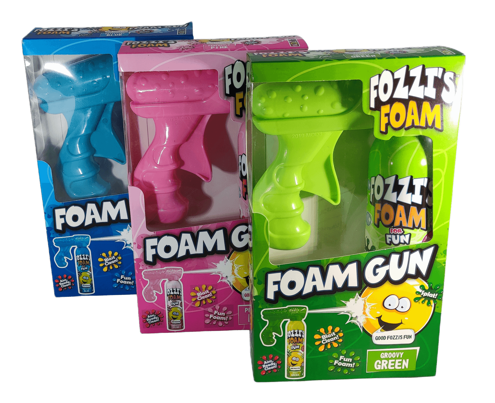 Fozzi's Foam Blaster set featuring three colorful foam cans and blasters for kids, designed to make bath time fun.