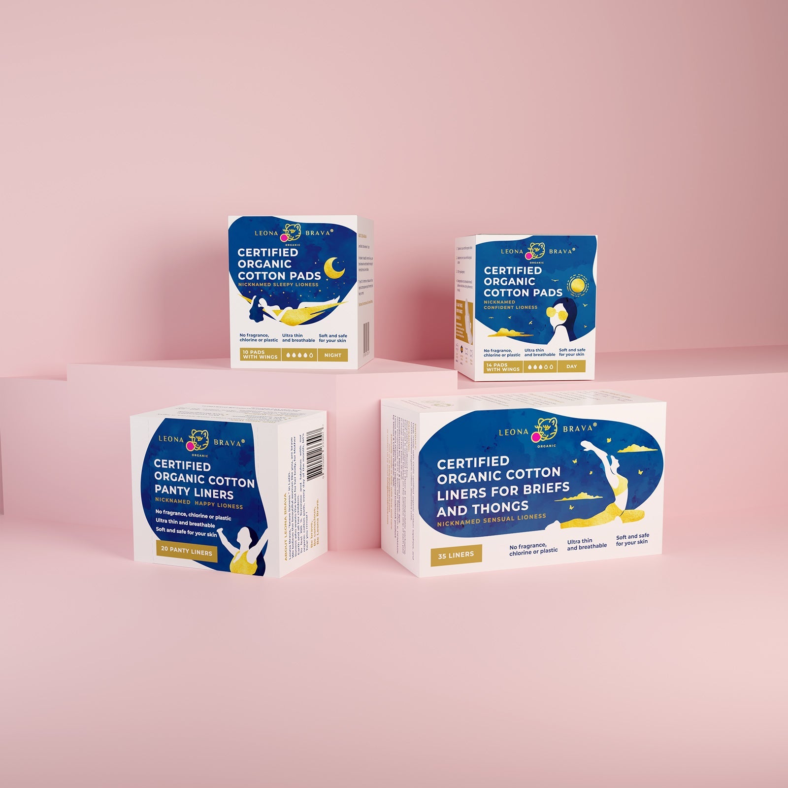 Full Moon Kit featuring Giorno, Notte, Salvaslip, and Salvaslip Dualform made from 100% organic cotton for sensitive skin.