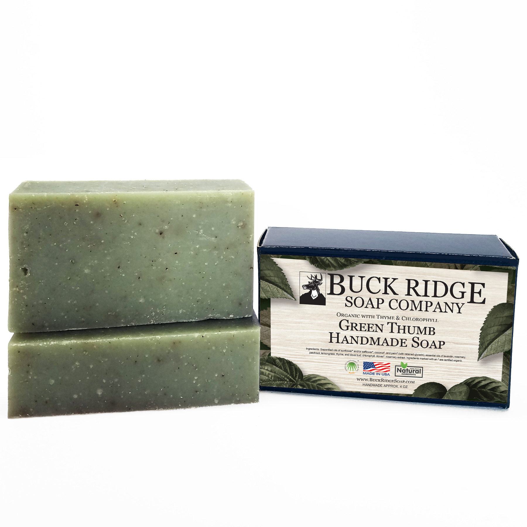 Green Thumb Men's Handmade Soap bar with rich green color, showcasing natural ingredients and a fresh scent, perfect for garden lovers.