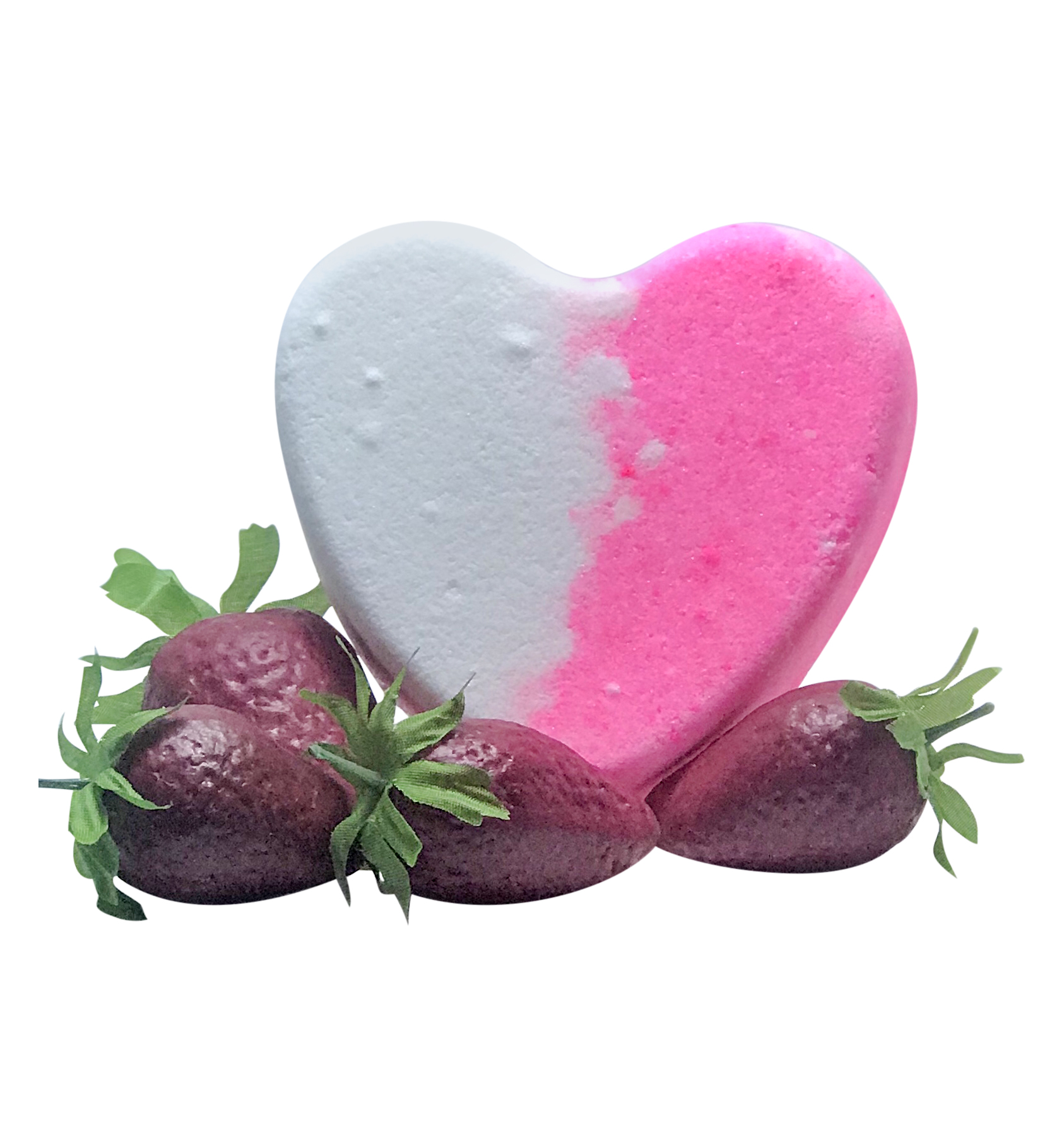 Heart-shaped bath bomb and strawberries.