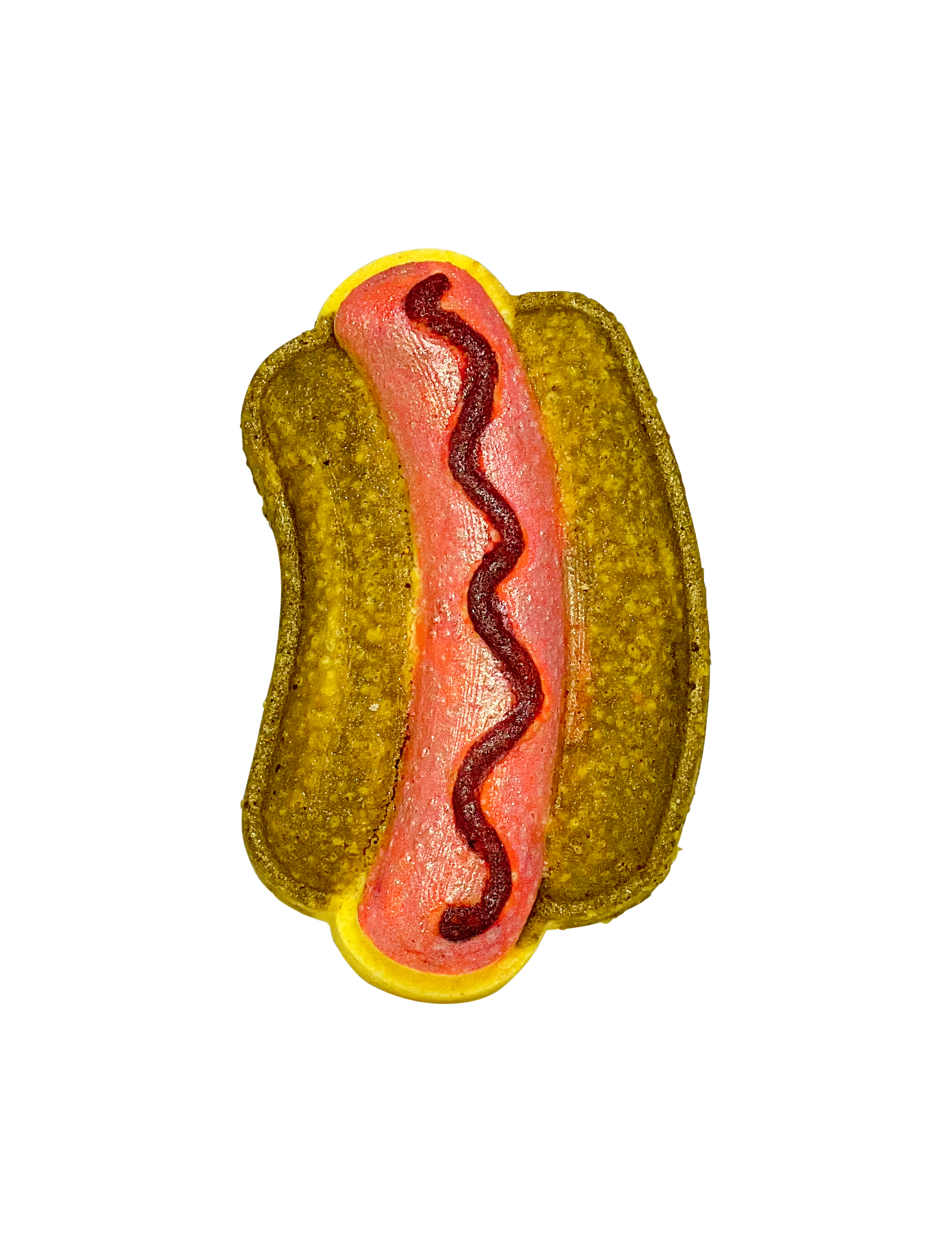 Hot Diggity Dog Hot Dog Bath Bomb with Fruit Loops scent, featuring a cute hot dog design and vibrant colors.