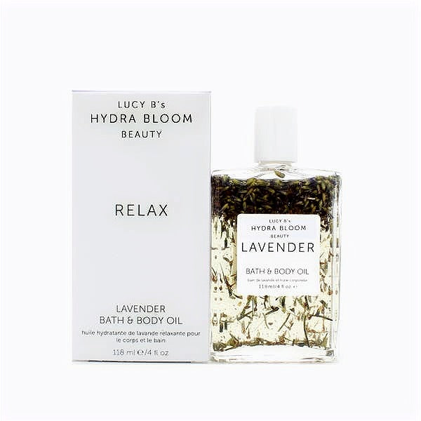 Hydra Bloom Lavender Luxury Bath and Body Oil in a sleek bottle, showcasing its rich lavender color and elegant design.