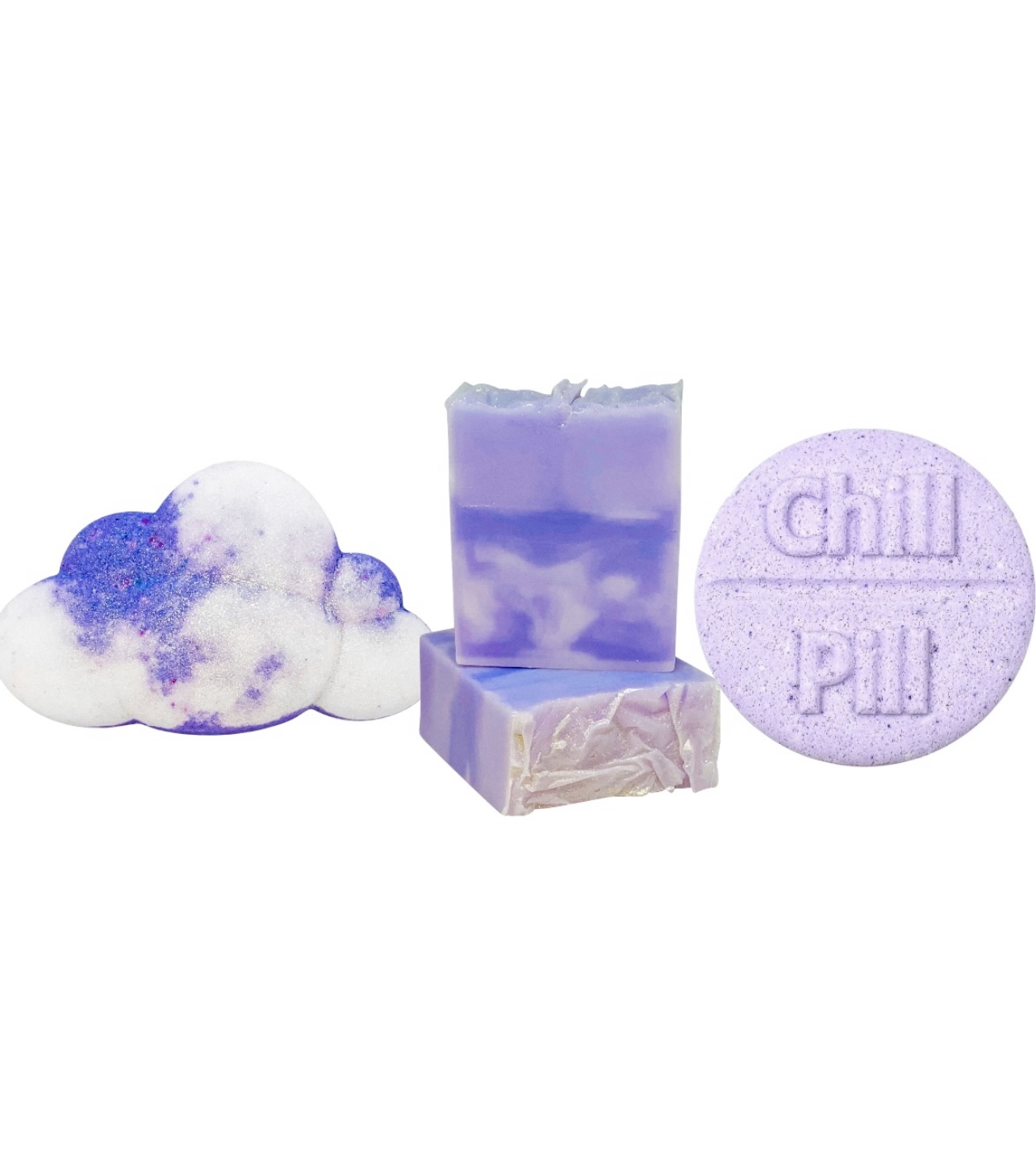 Lavender Lover's Relaxation Set featuring bath bomb, bar soap, and shower steamer, beautifully arranged with lavender flowers.