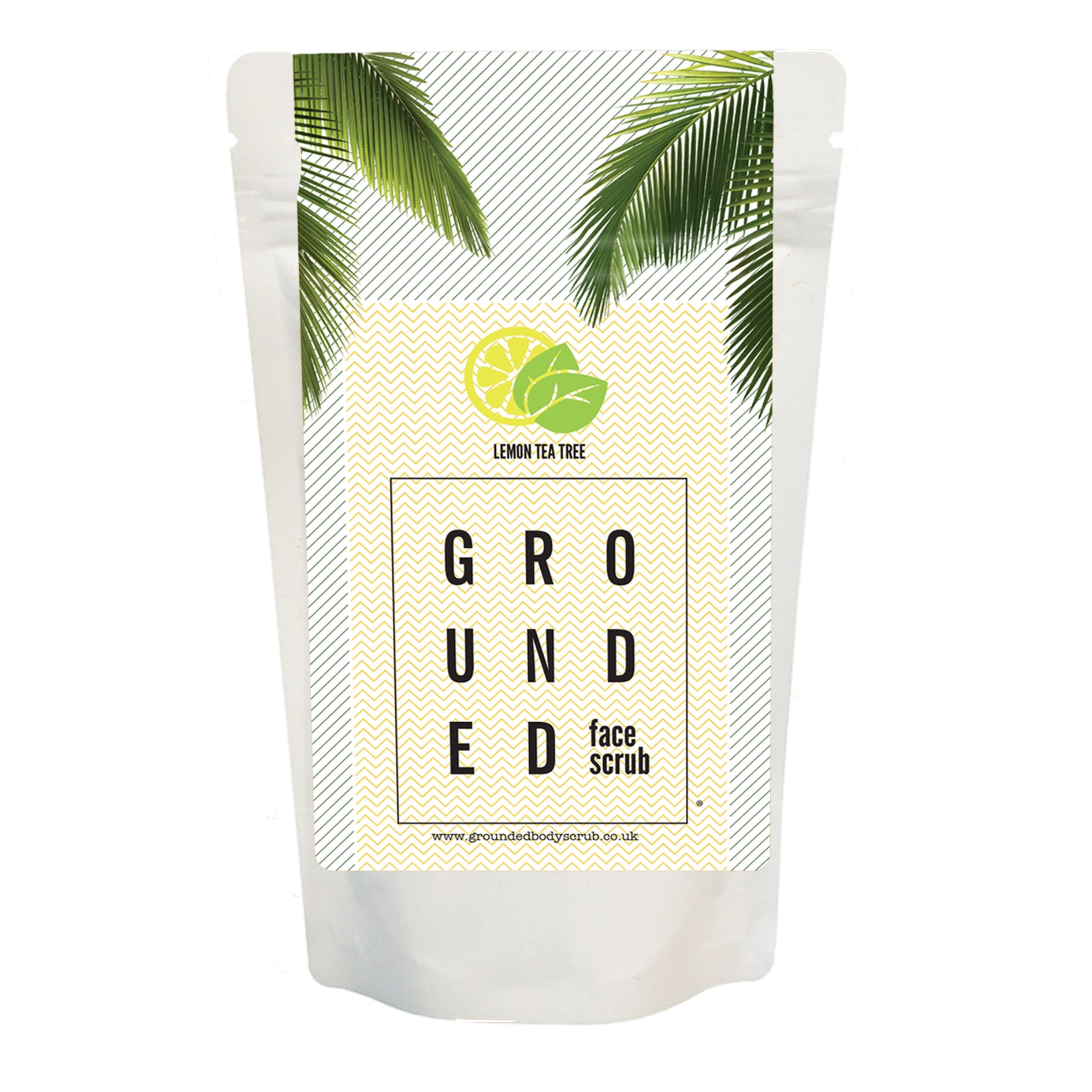 Grounded Lemon and Tea Tree Face Scrub in a 60g container, showcasing its natural ingredients and tropical design.
