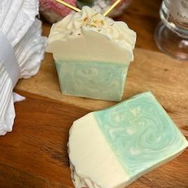 Lemongrass Soap with Soap Icing, showcasing its vibrant colors and creamy texture, perfect for a refreshing cleanse.
