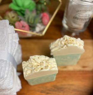 Lemongrass Soap with Soap Icing, showcasing its vibrant colors and creamy texture, perfect for a refreshing cleanse.