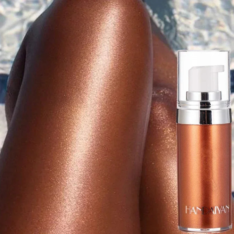 Liquid Highlighter Body Shimmer in four colors, showcasing its shimmering texture and packaging.