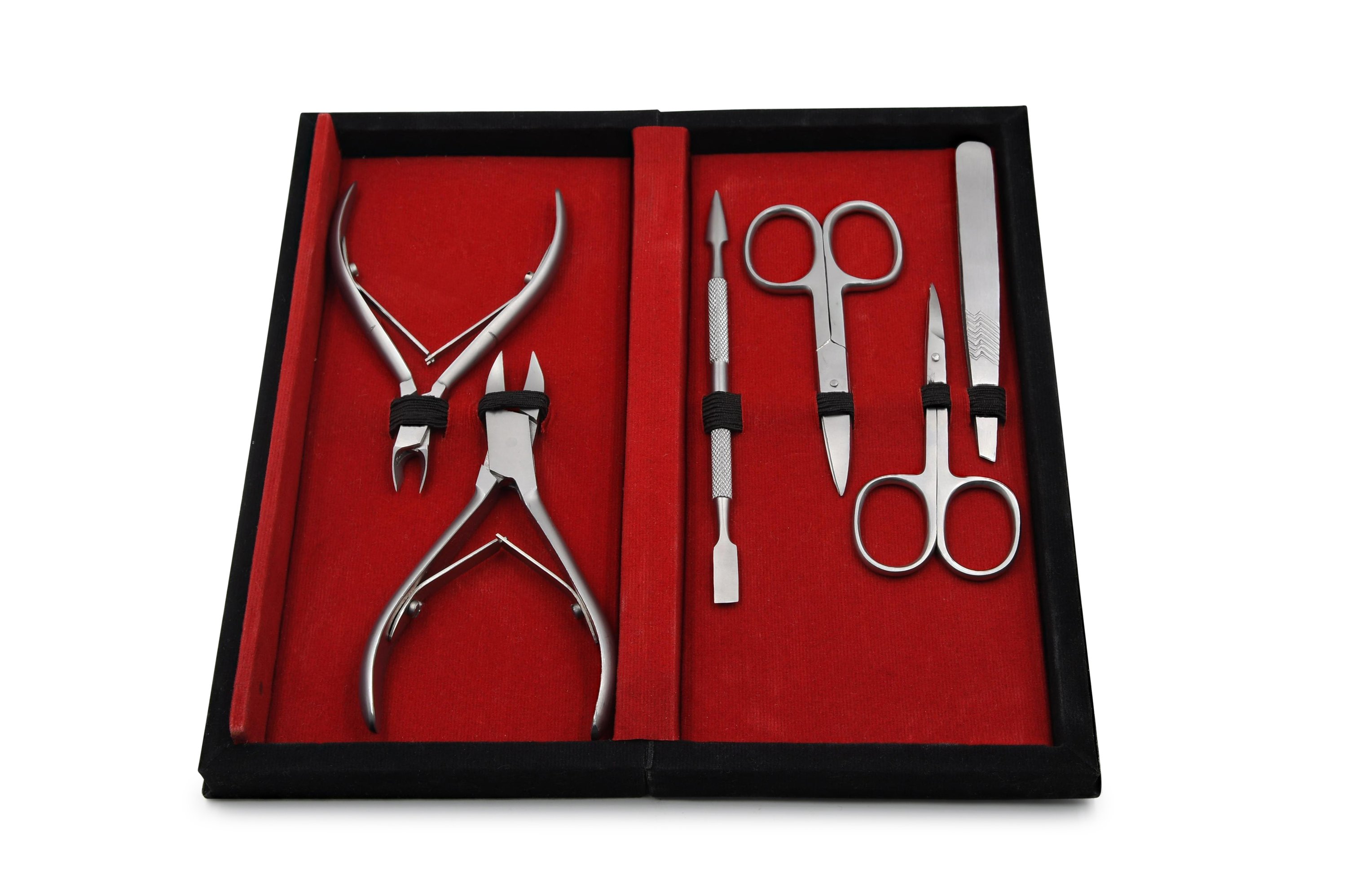 Professional Grade Manicure/Pedicure Kit with six stainless steel tools in a felt-lined gift box.