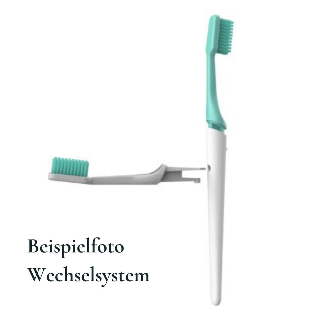 Nachhaltige Zahnbürste aus pflanzlichen Rohstoffen in Silber mit ergonomischem Griff und Wechselkopfsystem für umweltfreundliche Zahnpflege.