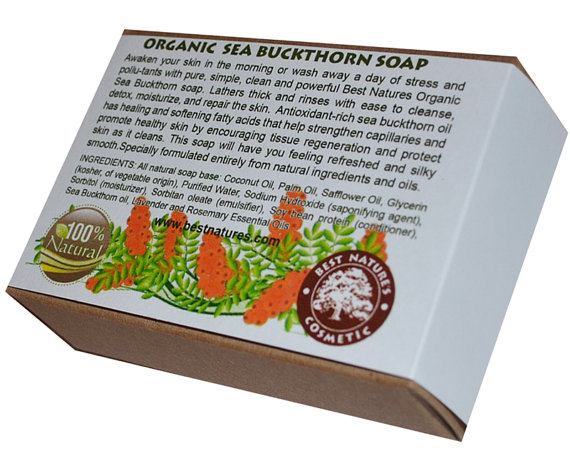 Organic Sea Buckthorn Soap bar with vibrant orange color, showcasing natural ingredients and a smooth texture, ideal for gentle cleansing.