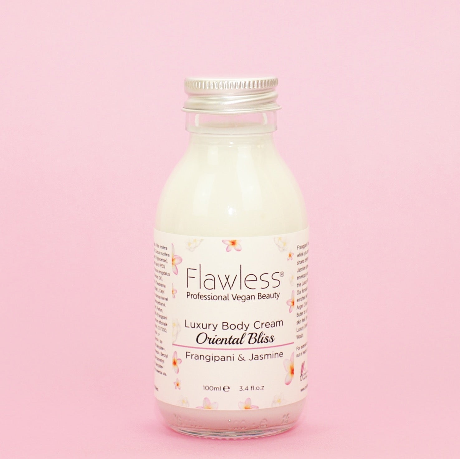 Oriental Bliss Nourishing Body Cream in a recycled glass jar with an aluminum lid, showcasing its eco-friendly packaging and creamy texture.