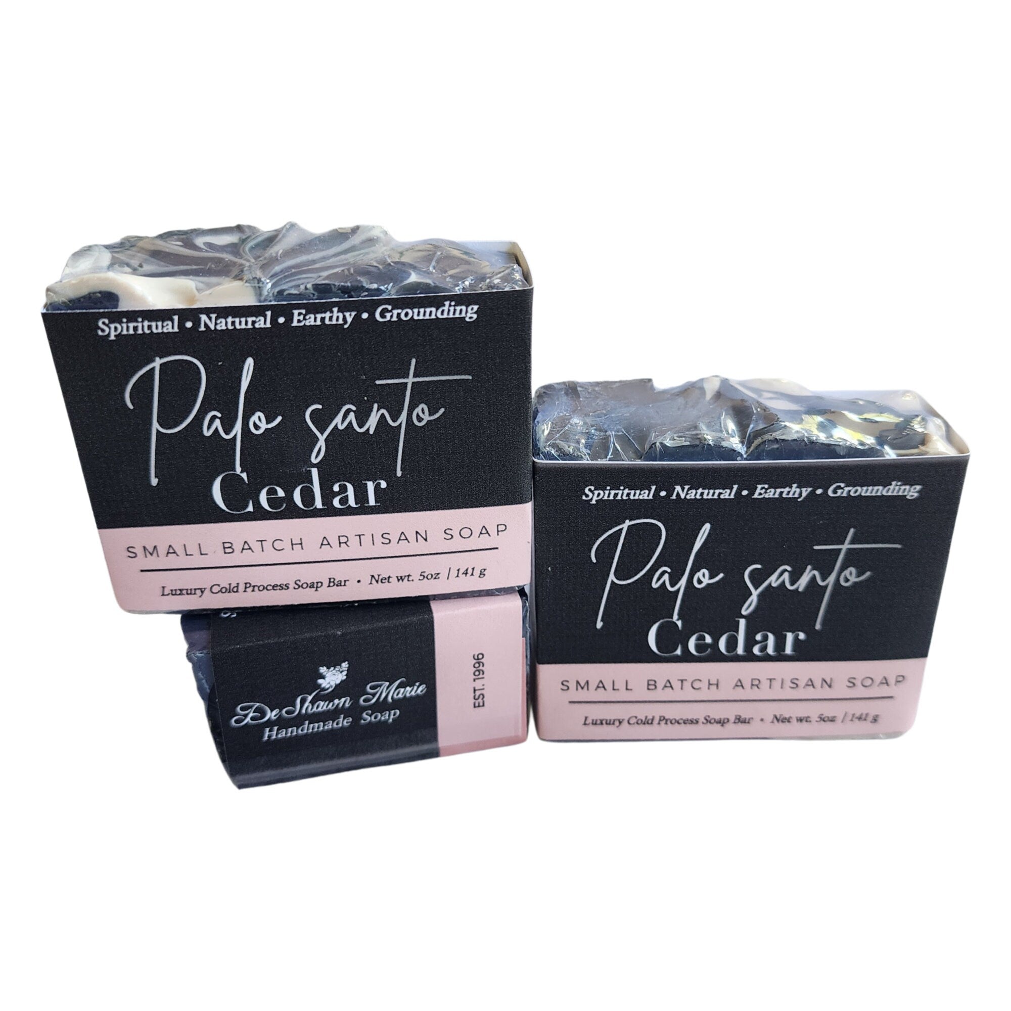 Palo Santo Cedar Soap bar with earthy and woodsy scents, handcrafted and wrapped, showcasing its unique design.