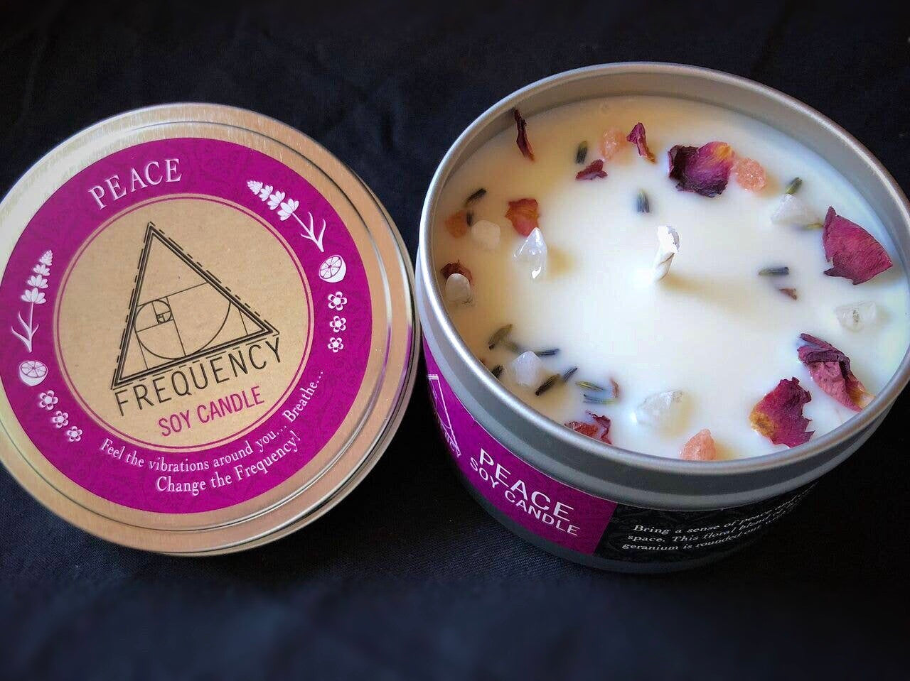 Peace Crystal Natural Soy Candle with pink Himalayan sea salt and quartz crystals, showcasing a calming lavender and lemon scent.