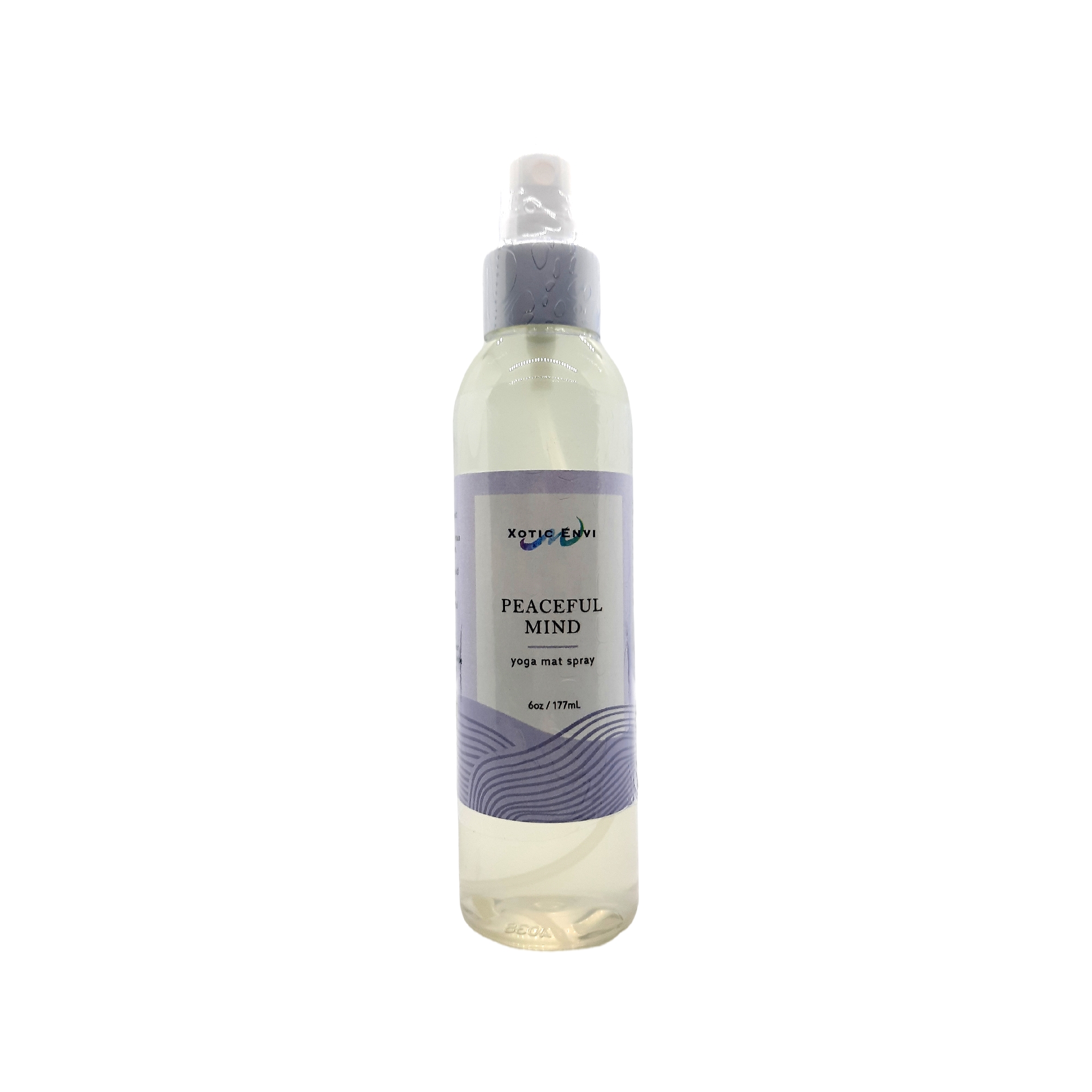 Peaceful Mind Yoga Mat Spray bottle with essential oil ingredients, designed for cleaning and disinfecting yoga mats.