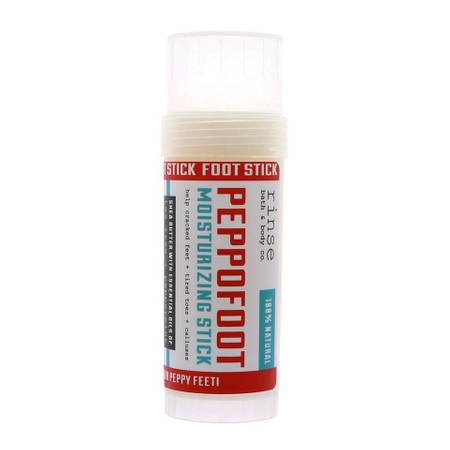 Peppofoot Foot Care Stick in a twist-up tube, showcasing its natural ingredients and travel-friendly design.