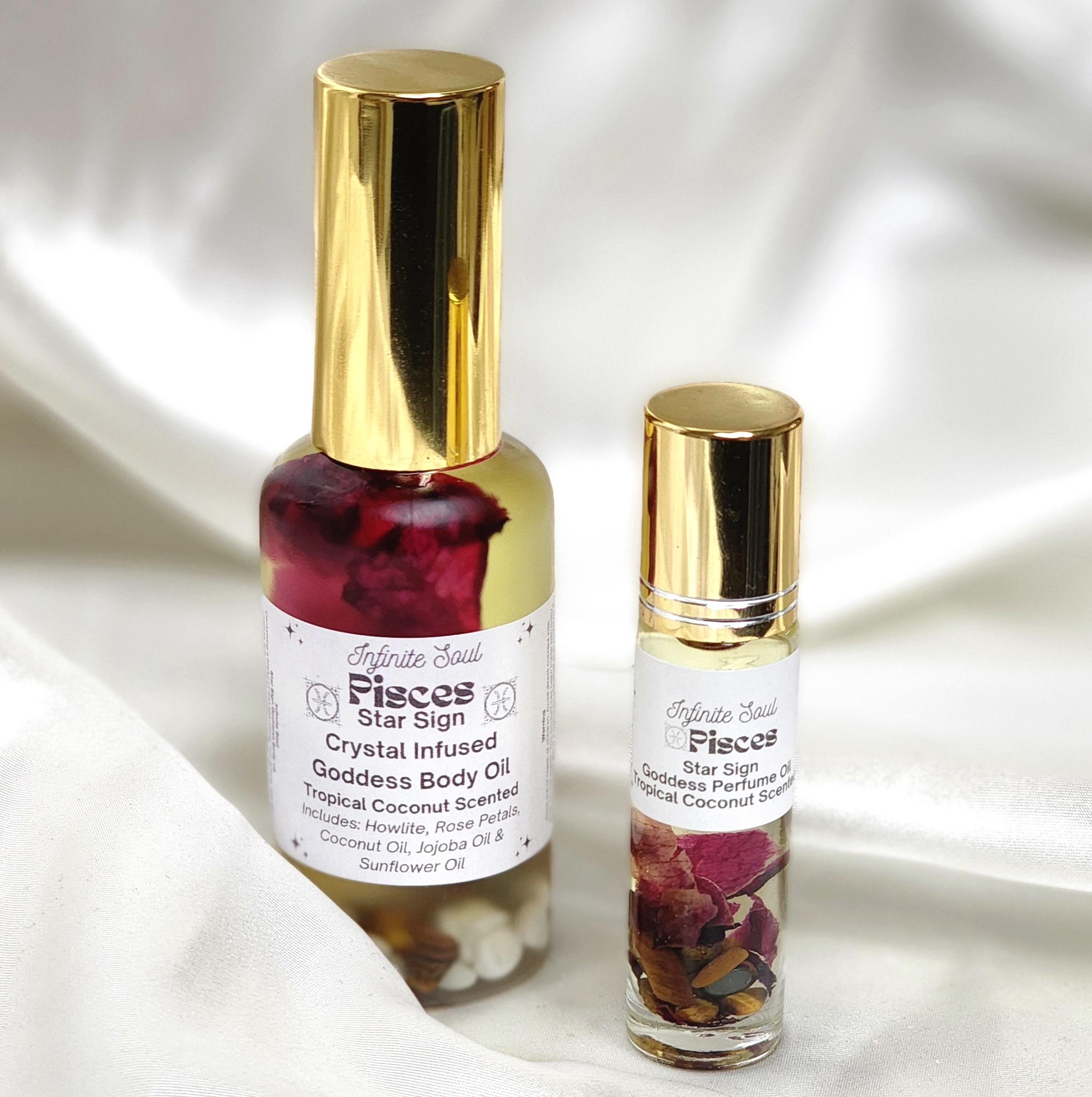 Pisces Star Sign Crystal Infused Goddess Body and Perfume Oil with Howlite crystals and tropical coconut scent in a stylish bottle.