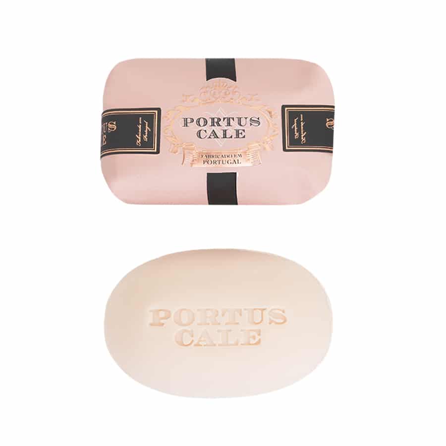 Portus Cale Rosé Blush Soap wrapped in elegant pink paper with black and gold accents, showcasing its luxurious design.