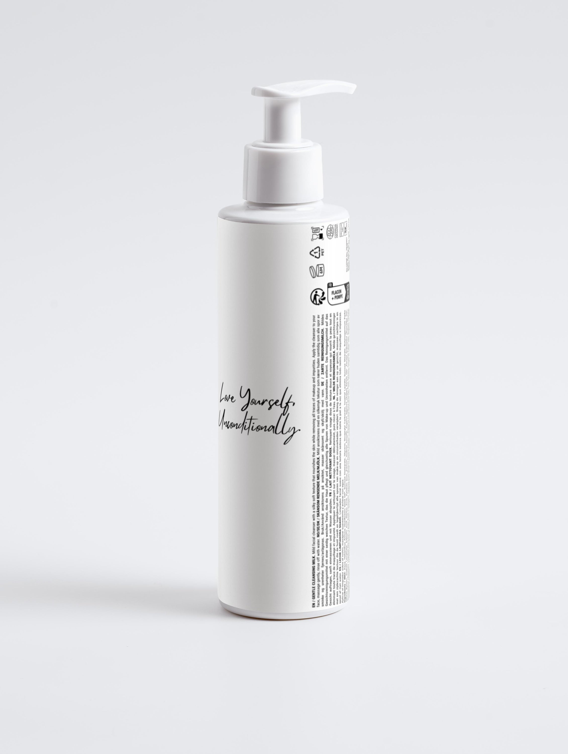 A bottle of Radiant Skin Cleansing Milk with a silky texture, showcasing its eco-friendly packaging and natural ingredients.