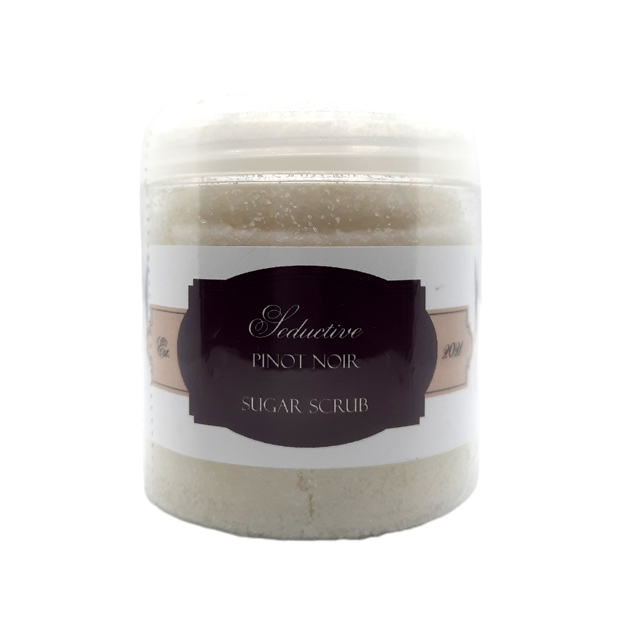Seductive Pinot Noir Sugar Scrub in a jar with a rich, dark color and a wooden spoon, surrounded by grapes and flowers.