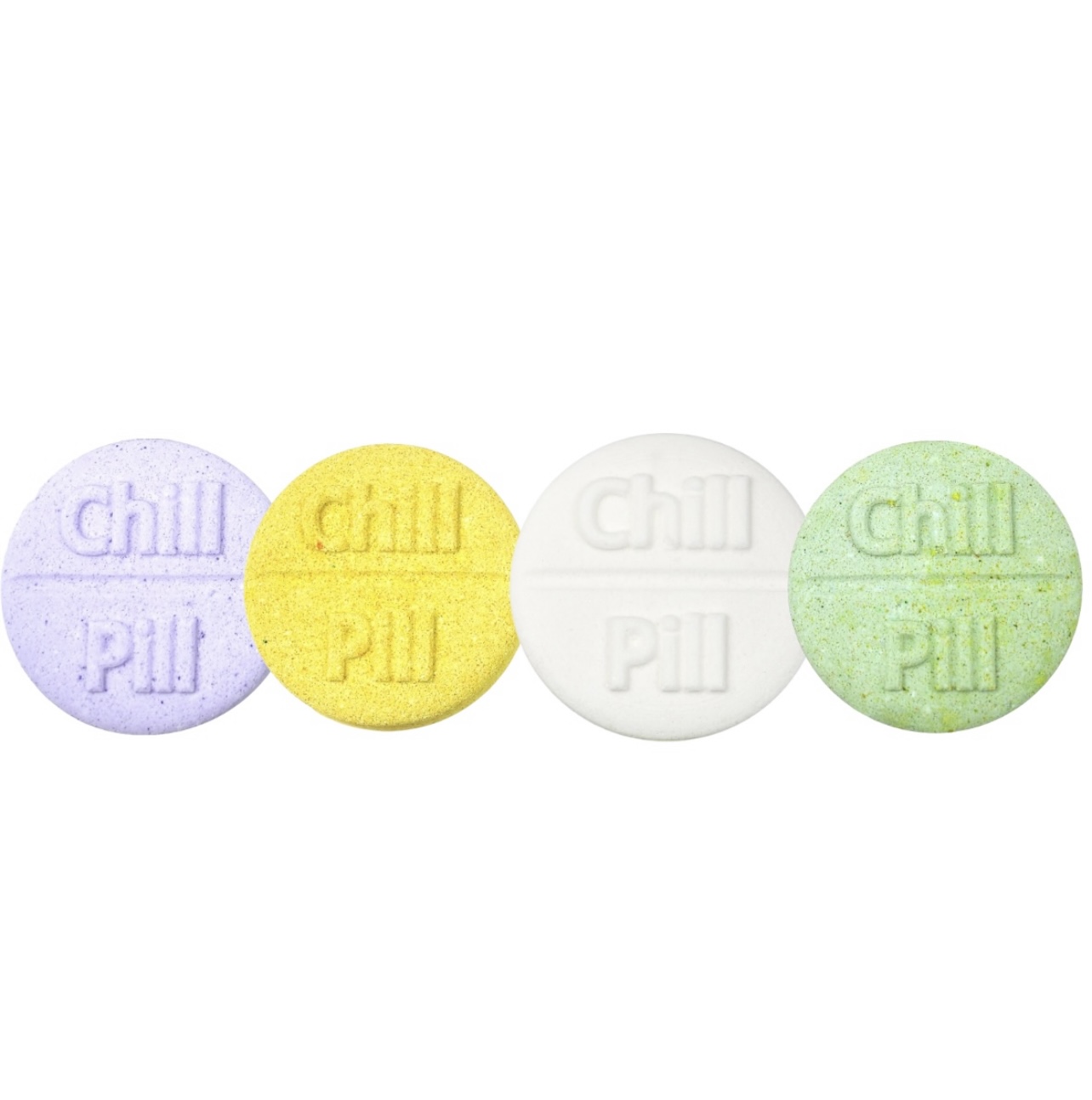 A set of four colorful shower steamer essential oil pills, each labeled with its unique scent, arranged on a wooden surface.