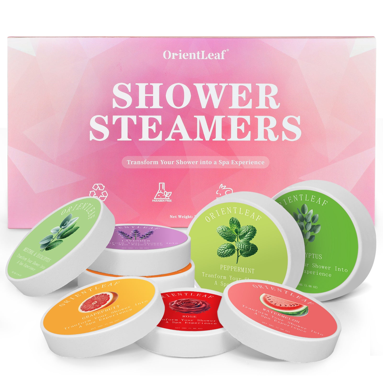 Eight colorful shower steamers arranged in a circle, showcasing their natural ingredients and unique aromas for a soothing shower experience.