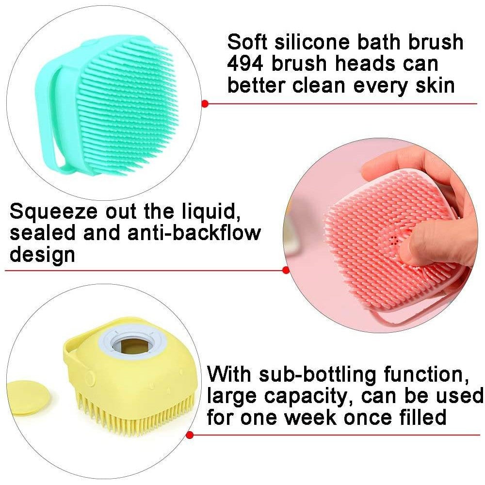 Silicond Bath Body Brush with dispenser, featuring soft bristles for gentle exfoliation and massage, suitable for all ages and pets.