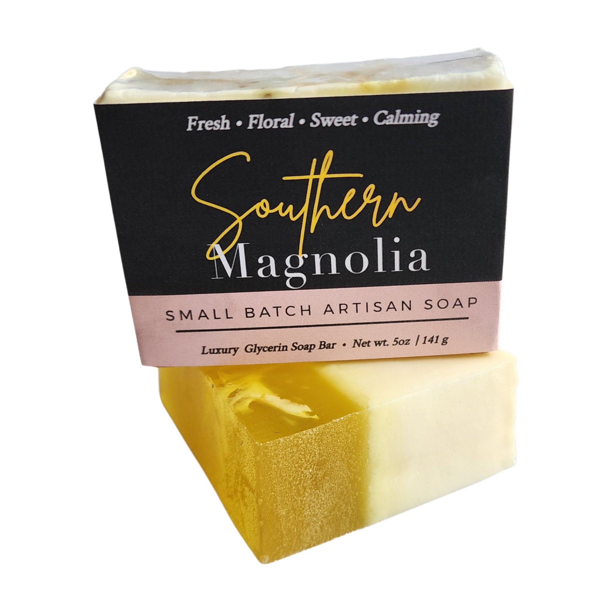 Southern Magnolia Soap bar with a floral design, showcasing its creamy texture and vibrant colors, perfect for a luxurious bathing experience.