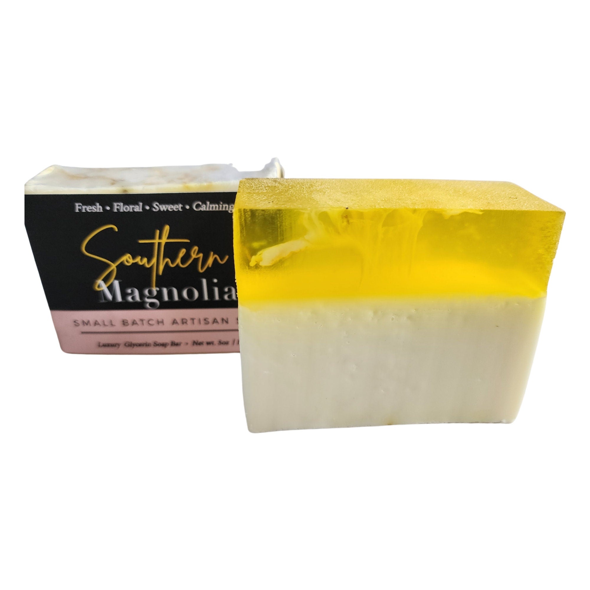 Southern Magnolia Soap bar with a floral design, showcasing its creamy texture and vibrant colors, perfect for a luxurious bathing experience.