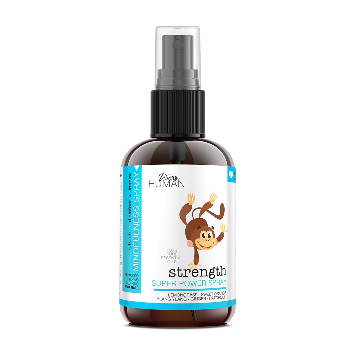 Strength Super Power Spray for Kids in a 4oz bottle with a colorful label featuring uplifting affirmations and essential oil ingredients.
