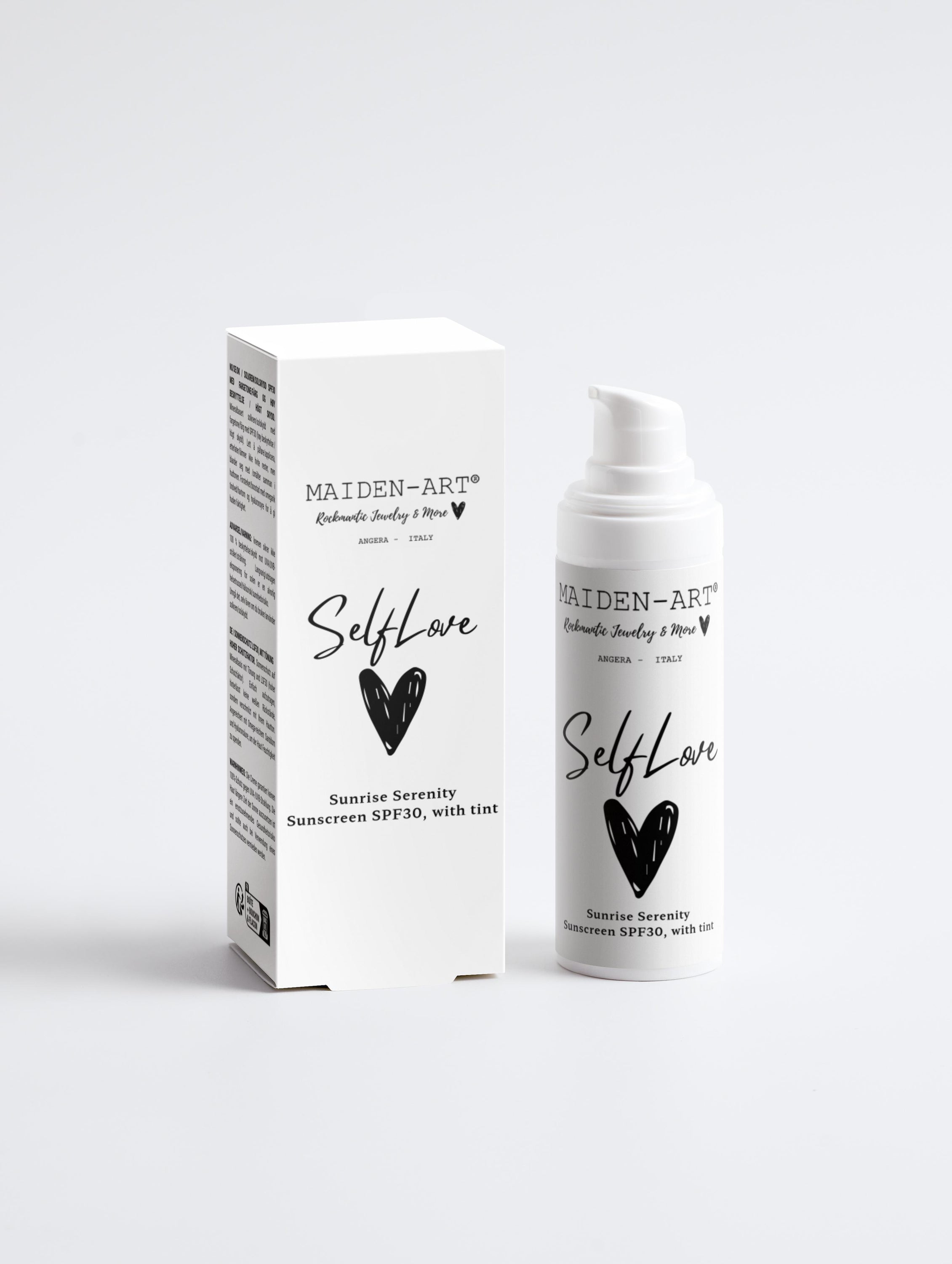 Sunrise Serenity tinted sunscreen SPF30 in a recyclable white tube, showcasing its natural ingredients and eco-friendly packaging.