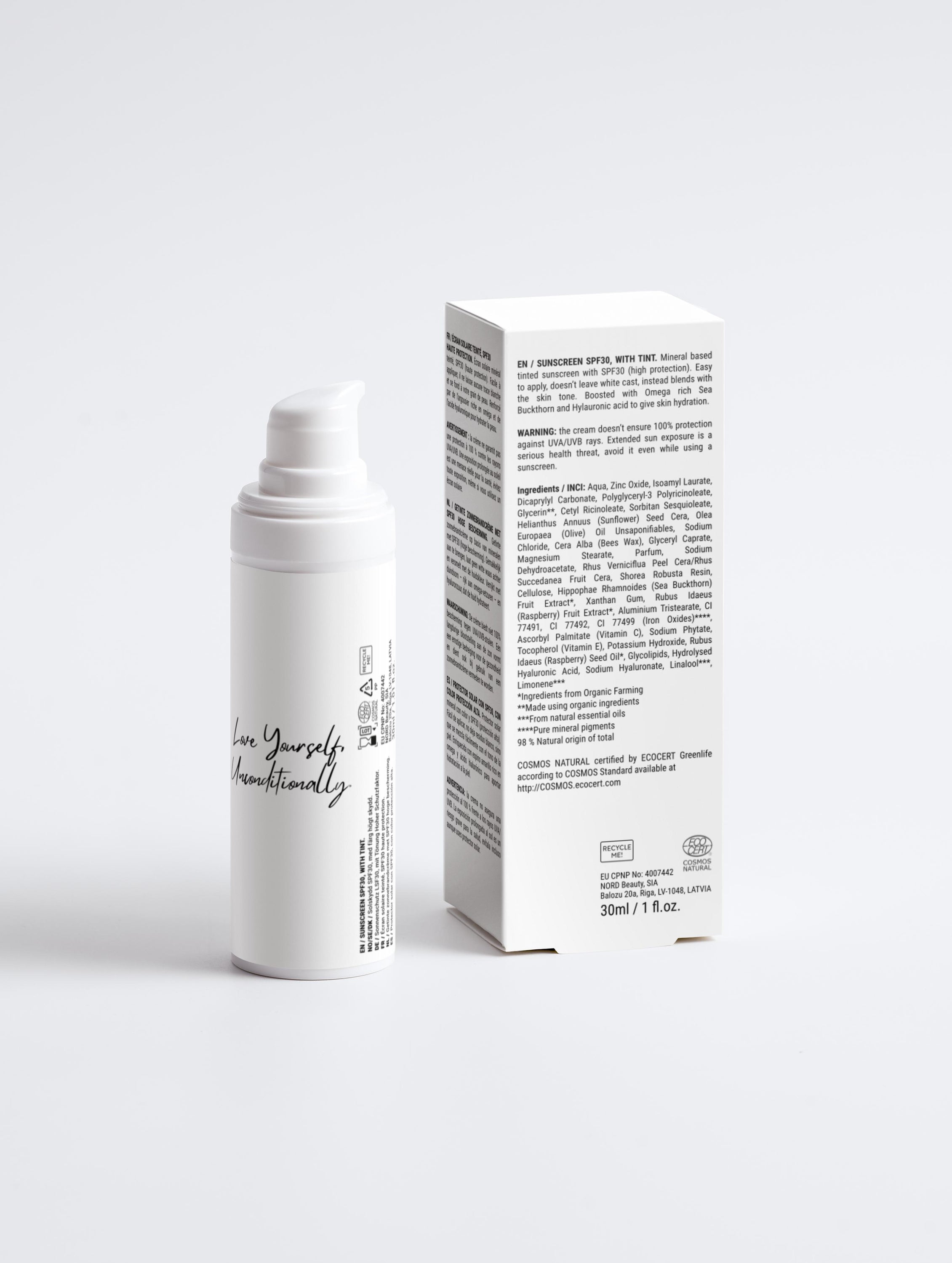 Sunrise Serenity tinted sunscreen SPF30 in a recyclable white tube, showcasing its natural ingredients and eco-friendly packaging.