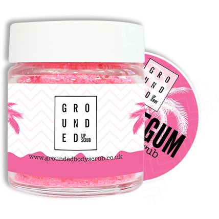 Sweet Bubblegum Lip Scrub in a 30g jar, featuring a vibrant bubblegum color and a tropical coconut theme.