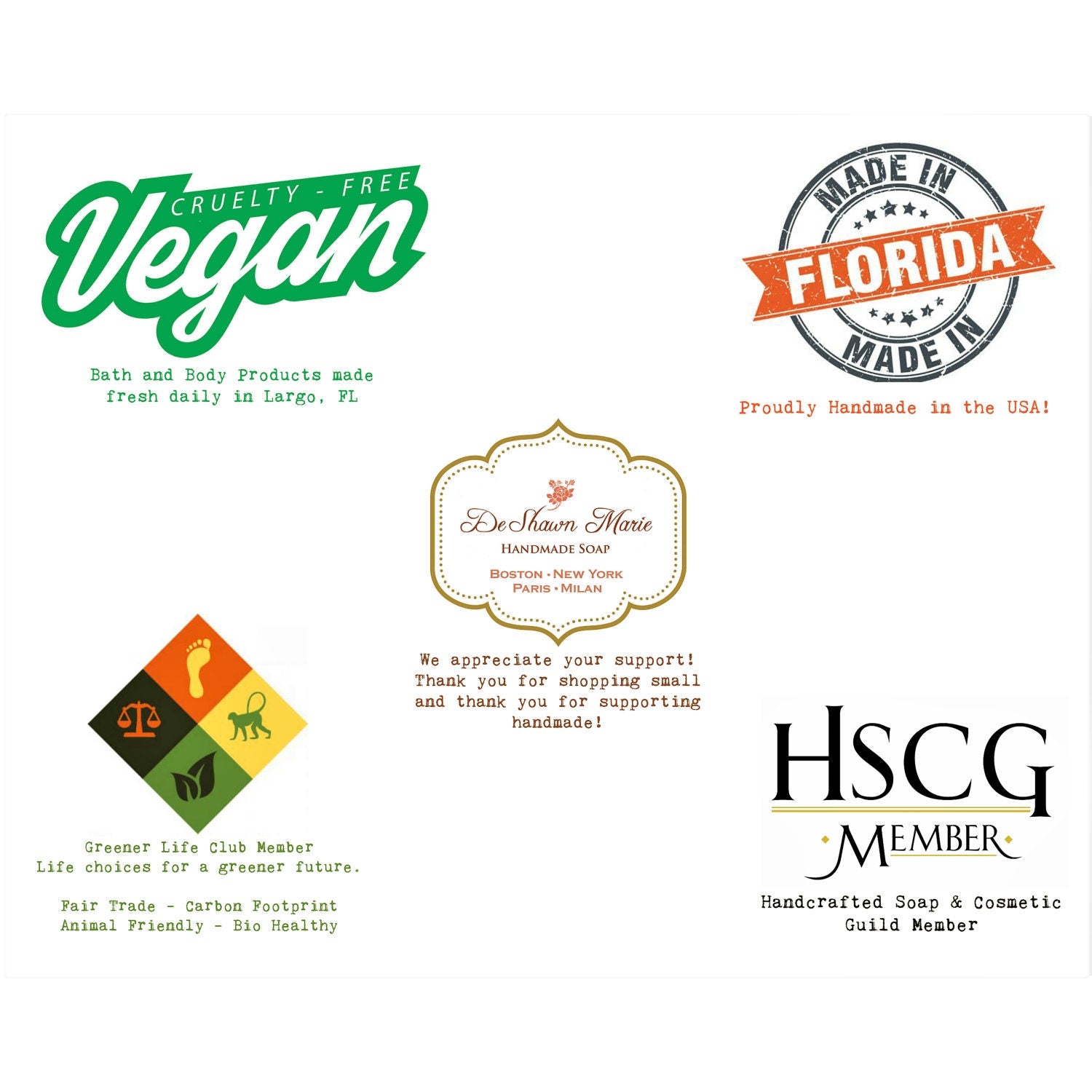 Labels promoting vegan handmade soap products.