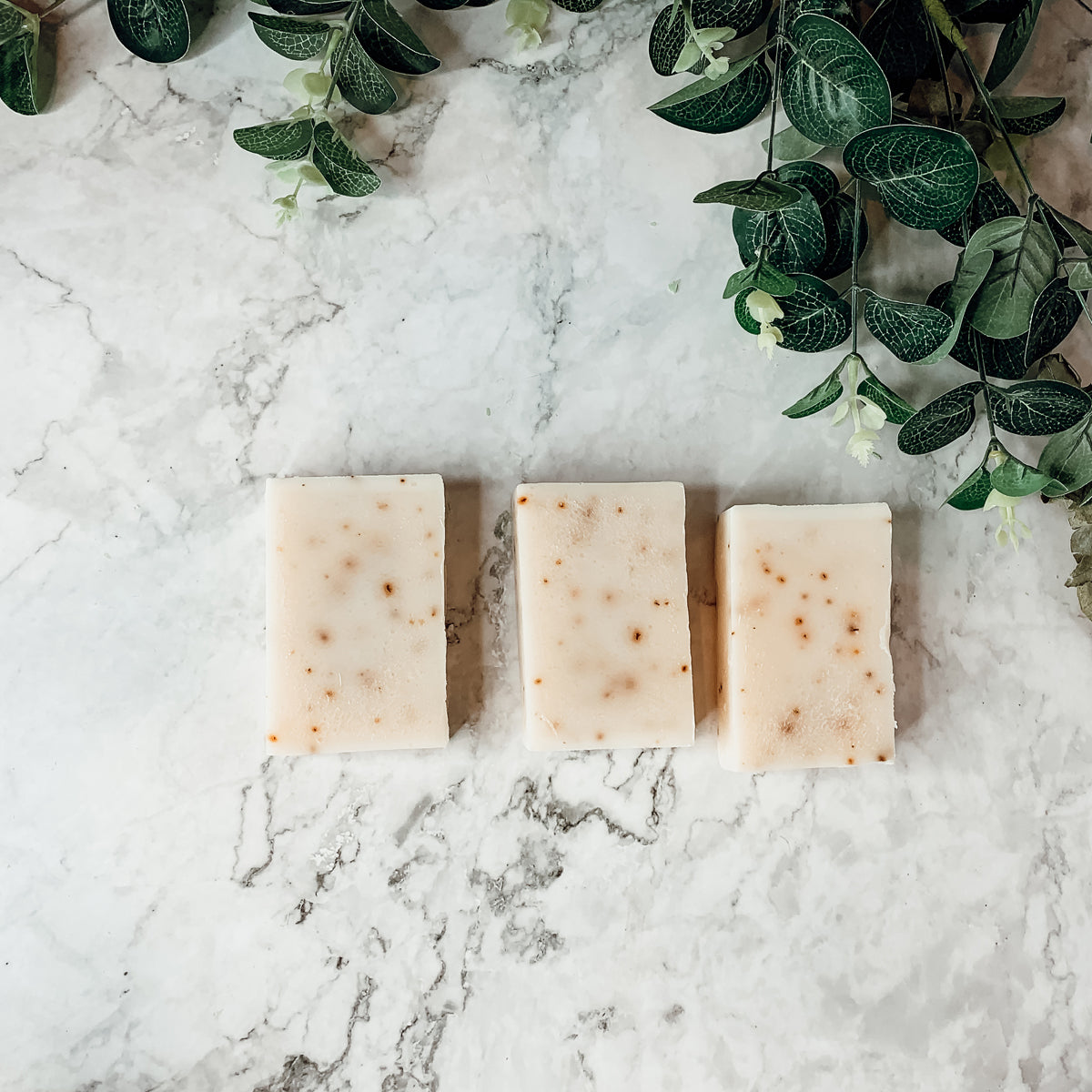 A bar of Tea Tree Mint soap featuring a blend of tea tree oil and peppermint leaves, showcasing its natural colors and texture.