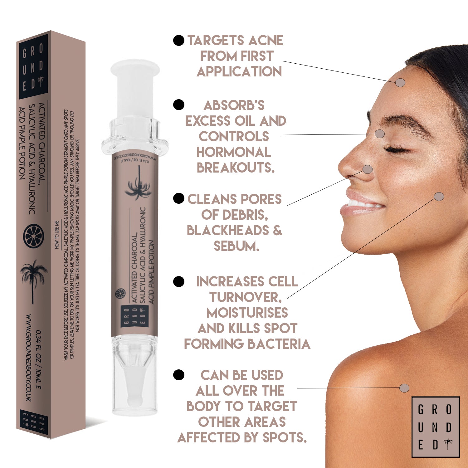 The Pimple Potion serum bottle featuring activated charcoal and salicylic acid for acne treatment, with a syringe applicator for precise use.