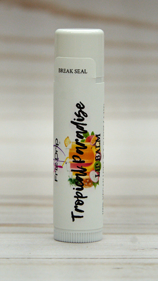 Tropical Paradise Lip Balm with tropical fruit scent, featuring a colorful packaging design and a smooth texture.