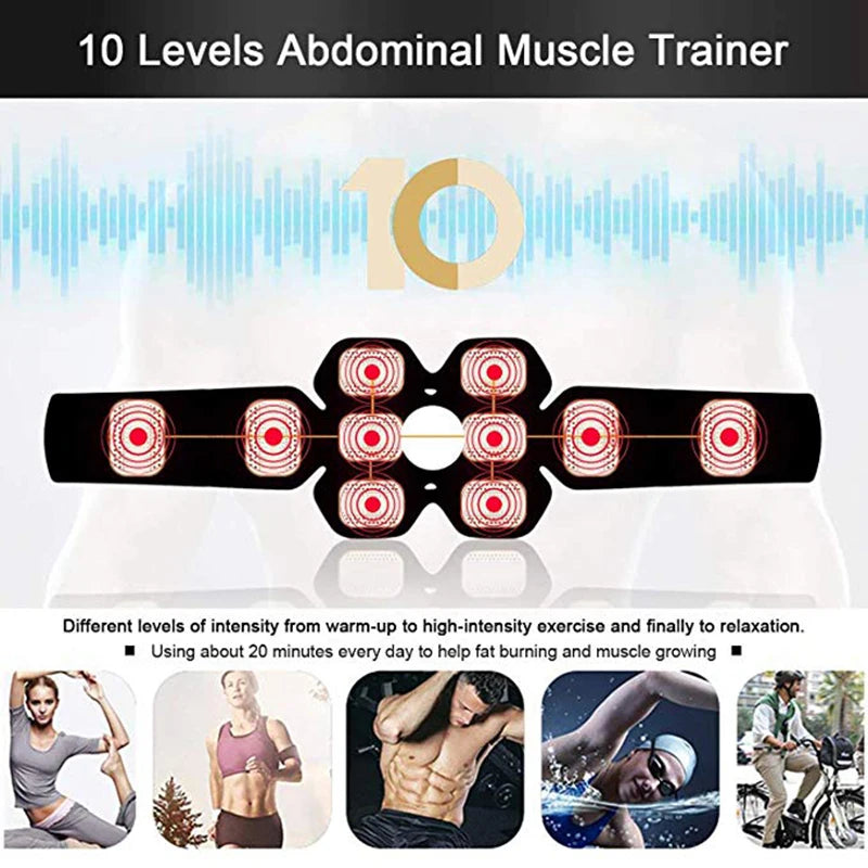 USB Charged Muscle Stimulator with abdominal and arm stickers, showcasing its sleek design and functionality.