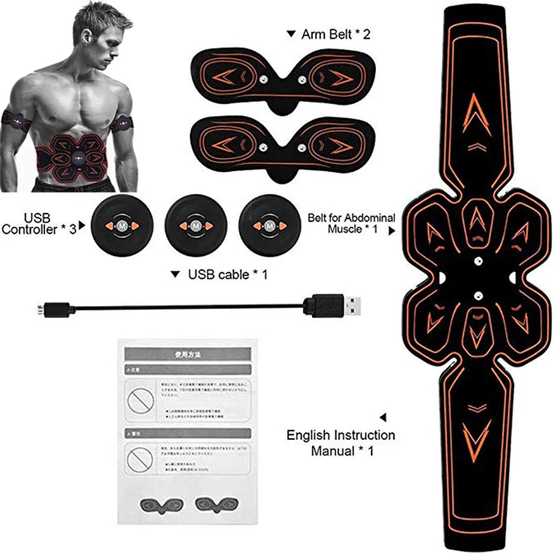 USB Charged Muscle Stimulator with abdominal and arm stickers, showcasing its sleek design and functionality.