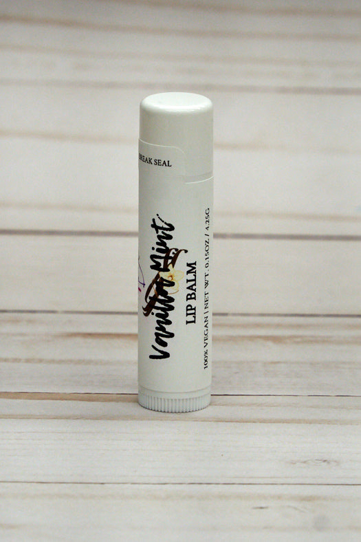 Vanilla Mint Lip Balm in a sleek tube, showcasing its natural ingredients and refreshing scent.