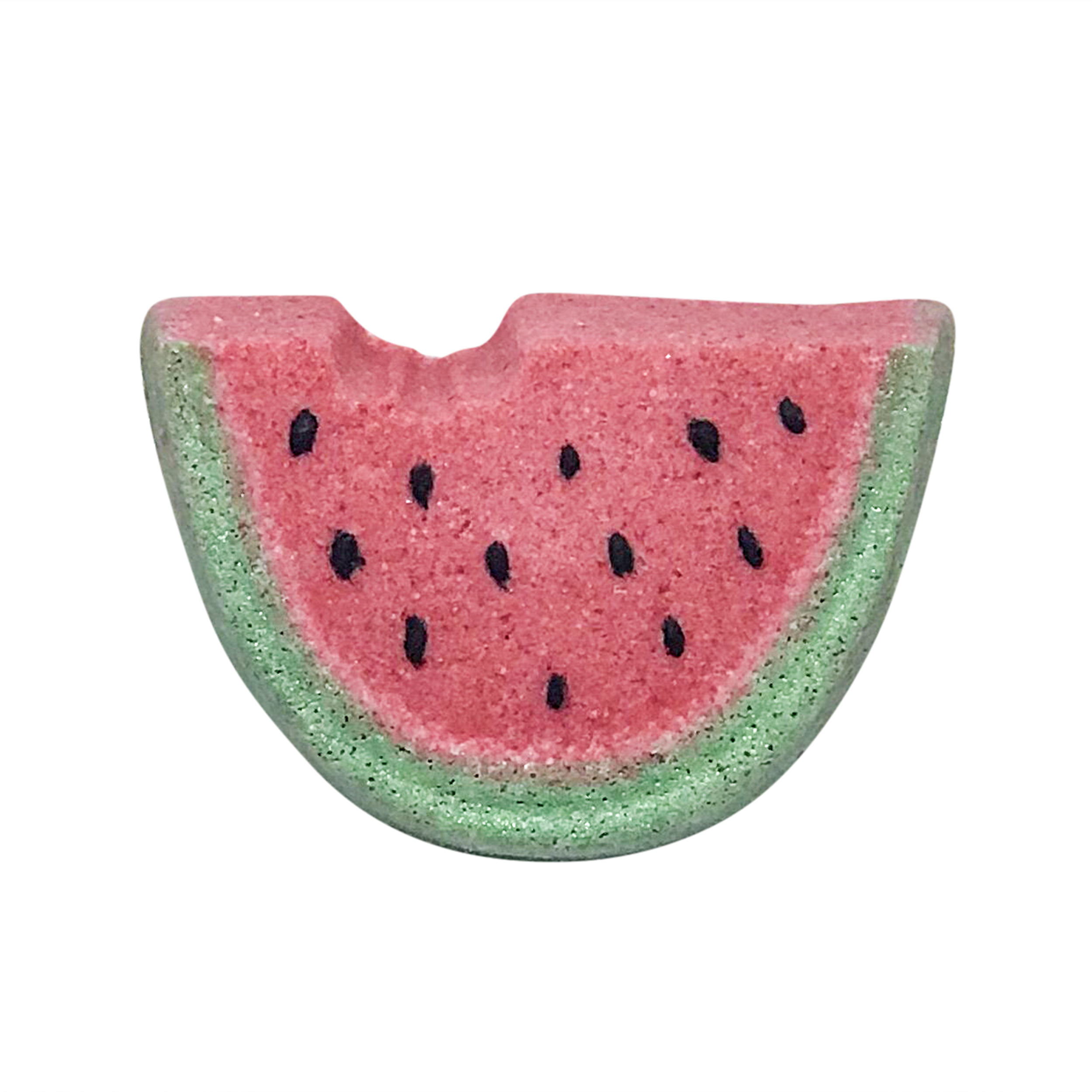A vibrant watermelon bath bomb with hand-painted natural micas, showcasing its juicy color and texture, perfect for a refreshing bath experience.