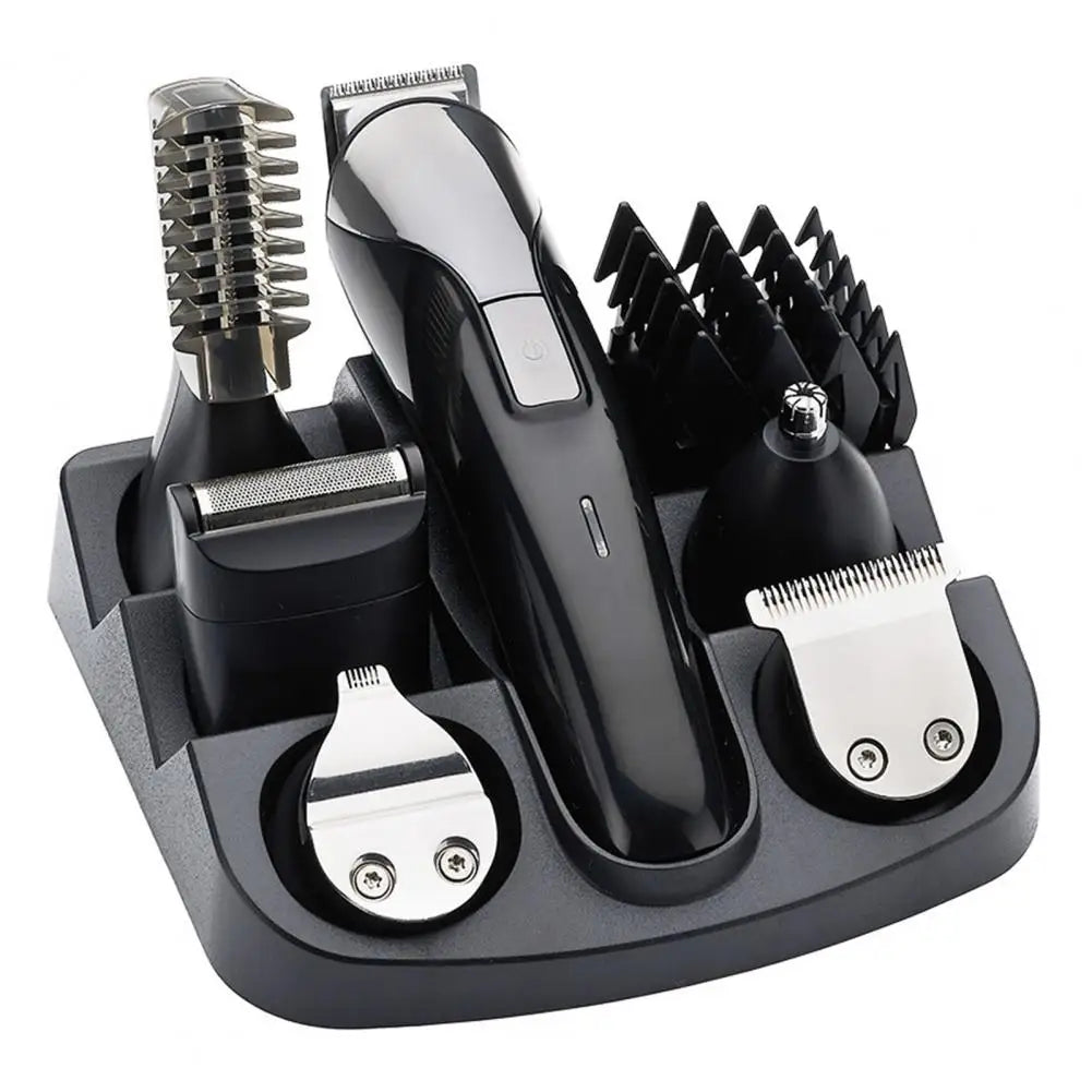 8 in 1 Waterproof Beard Trimmer Set for men, featuring multiple trimming heads and a sleek design for versatile grooming.