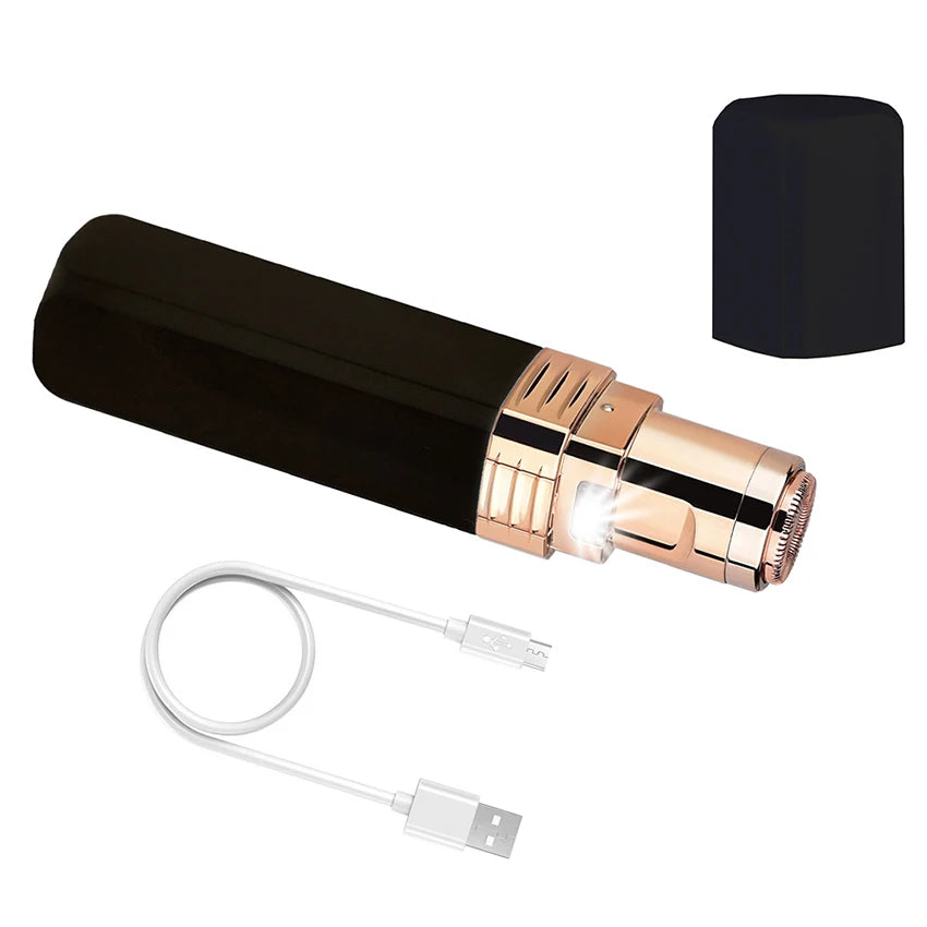 USB Mini Lipstick Hair Removal Device with detachable blade head, showcasing its sleek design and compact size.