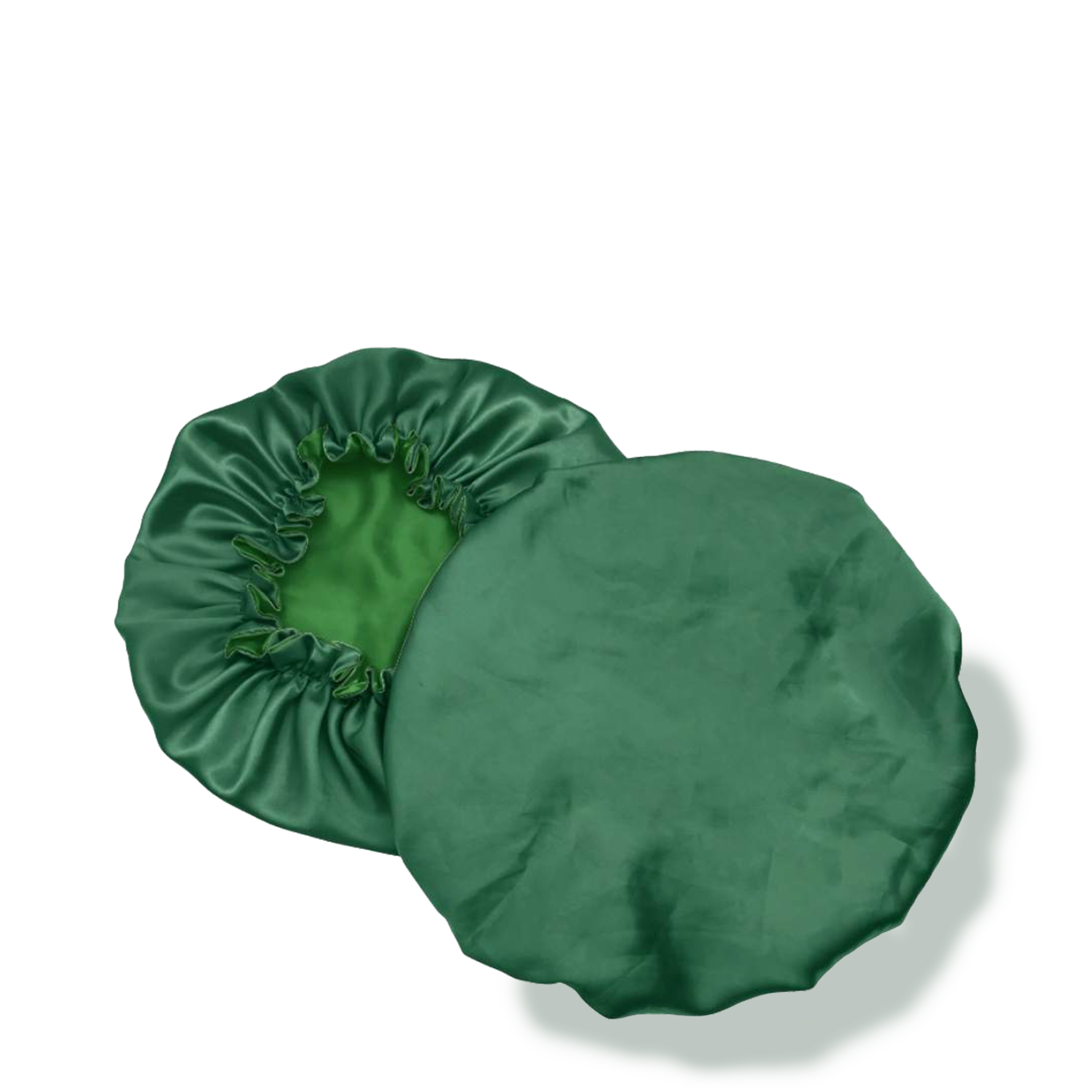 A luxurious 100% mulberry silk bonnet in dark green and royal light green, featuring a latex-free elastic band for comfort and style.