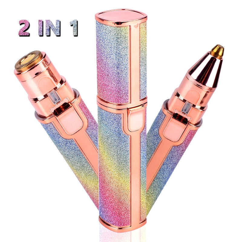 2 in 1 Electric Eyebrow Trimmer with multiple accessories including shaver head and cleaning brush, designed for painless eyebrow grooming.