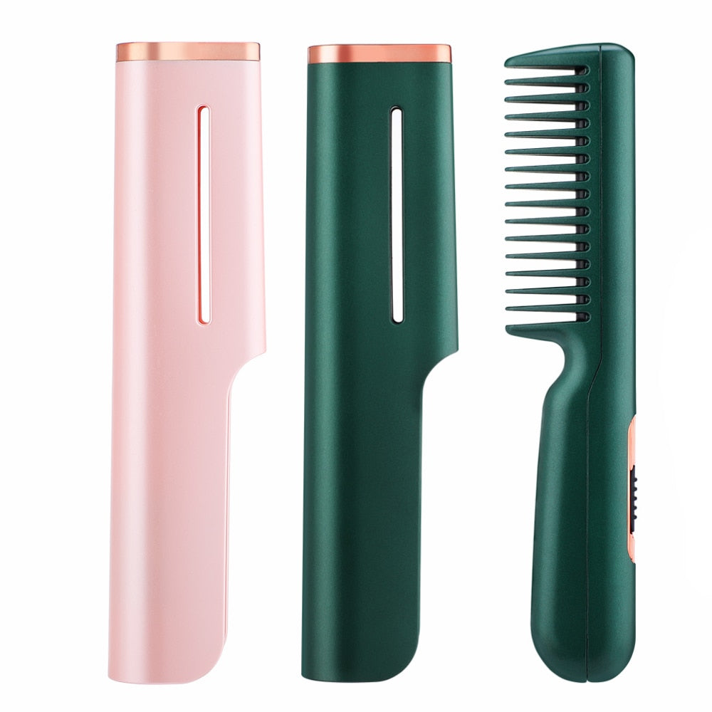 A pink and green 2 In 1 Hair Straightener Fast Heat Hairdressing Comb, showcasing its sleek design and features for hair styling.