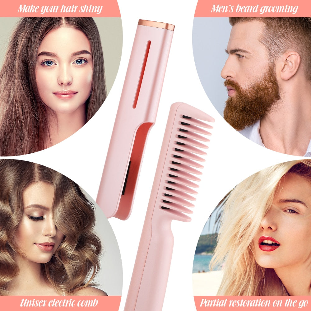 A pink and green 2 In 1 Hair Straightener Fast Heat Hairdressing Comb, showcasing its sleek design and features for hair styling.