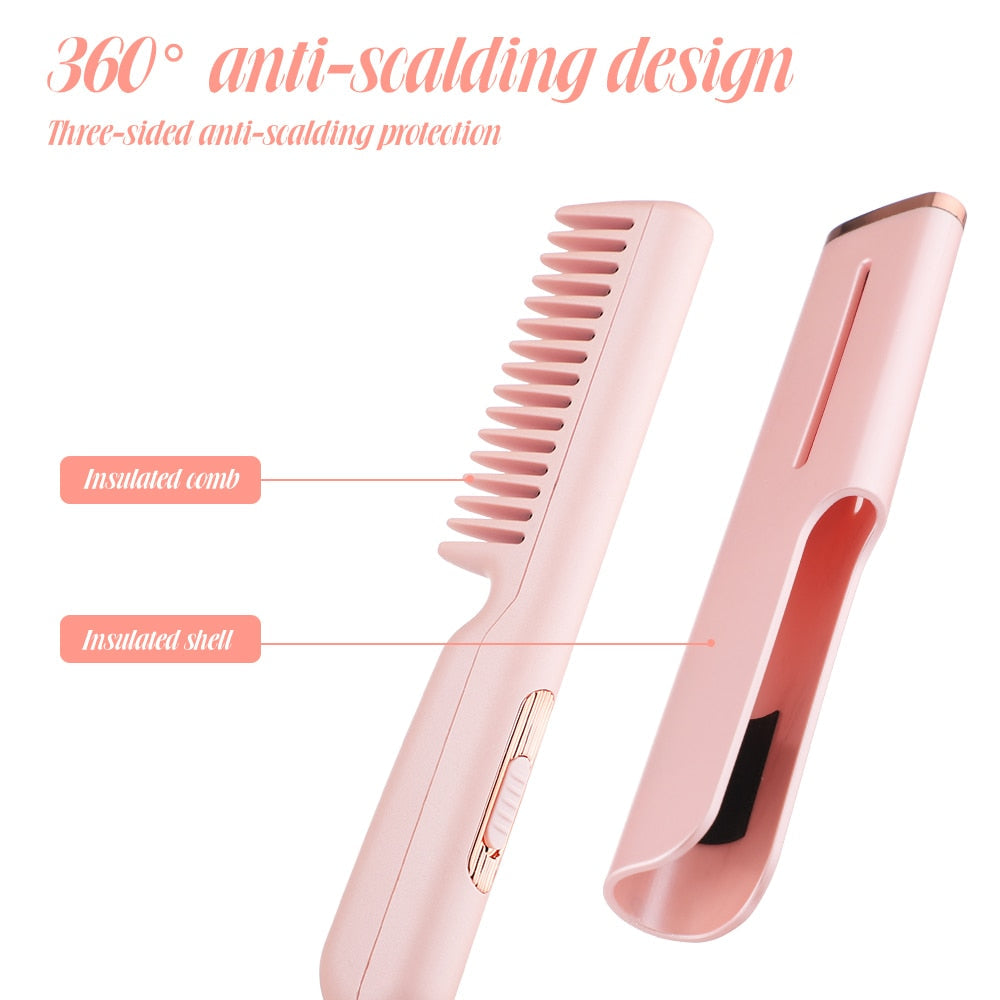 A pink and green 2 In 1 Hair Straightener Fast Heat Hairdressing Comb, showcasing its sleek design and features for hair styling.