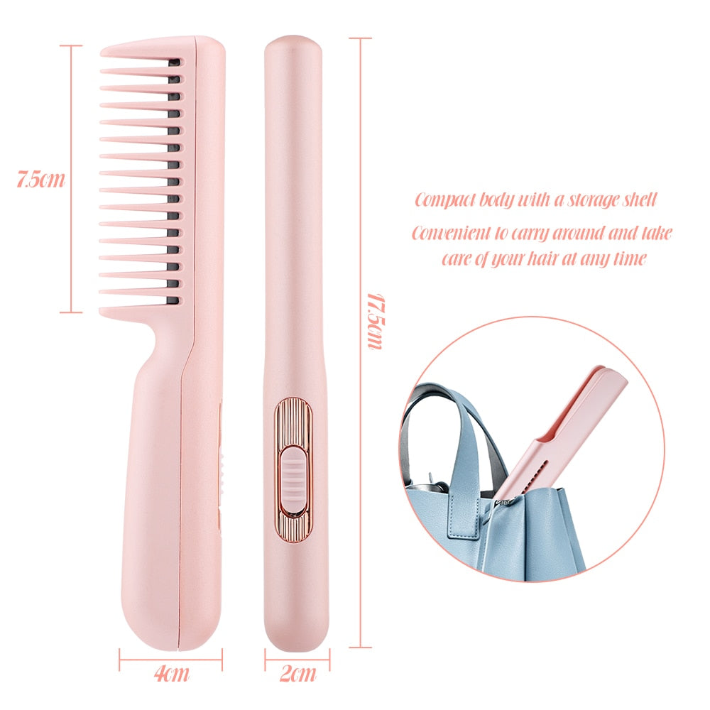 A pink and green 2 In 1 Hair Straightener Fast Heat Hairdressing Comb, showcasing its sleek design and features for hair styling.